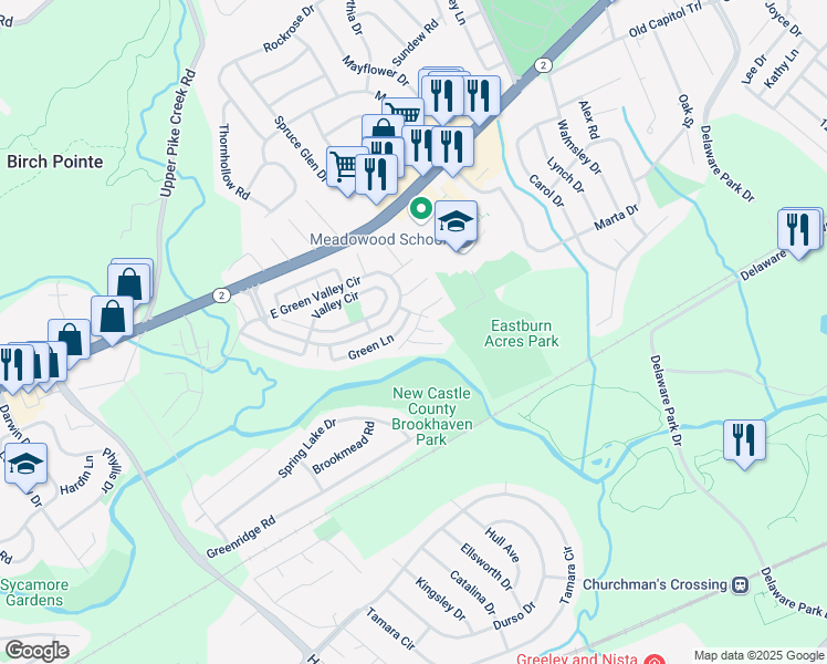 map of restaurants, bars, coffee shops, grocery stores, and more near 1st Street in New Castle County