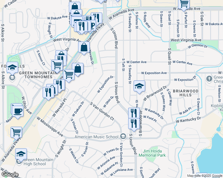 map of restaurants, bars, coffee shops, grocery stores, and more near 12156 West Ohio Place in Lakewood