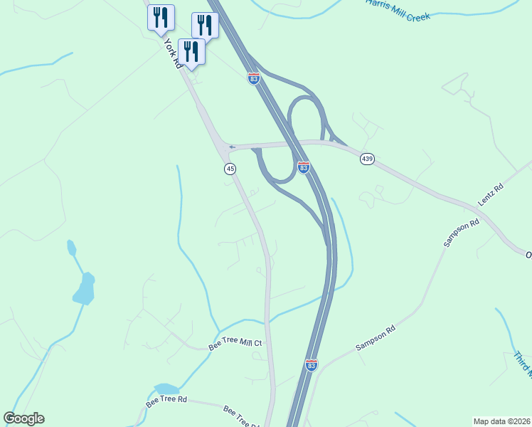 map of restaurants, bars, coffee shops, grocery stores, and more near 21035 York Road in Parkton