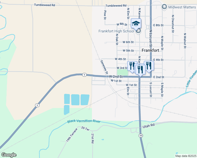 map of restaurants, bars, coffee shops, grocery stores, and more near Pine Street in Frankfort