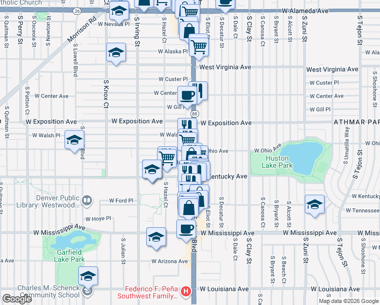 map of restaurants, bars, coffee shops, grocery stores, and more near 809 South Federal Boulevard in Denver