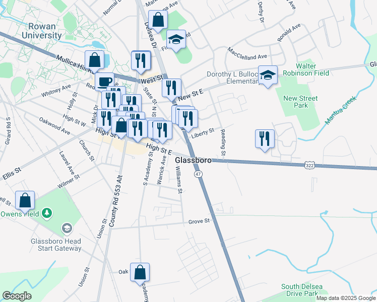 map of restaurants, bars, coffee shops, grocery stores, and more near 1 State Street in Glassboro