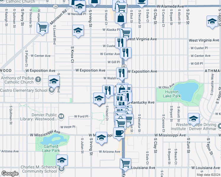 map of restaurants, bars, coffee shops, grocery stores, and more near 3130 West Ohio Avenue in Denver