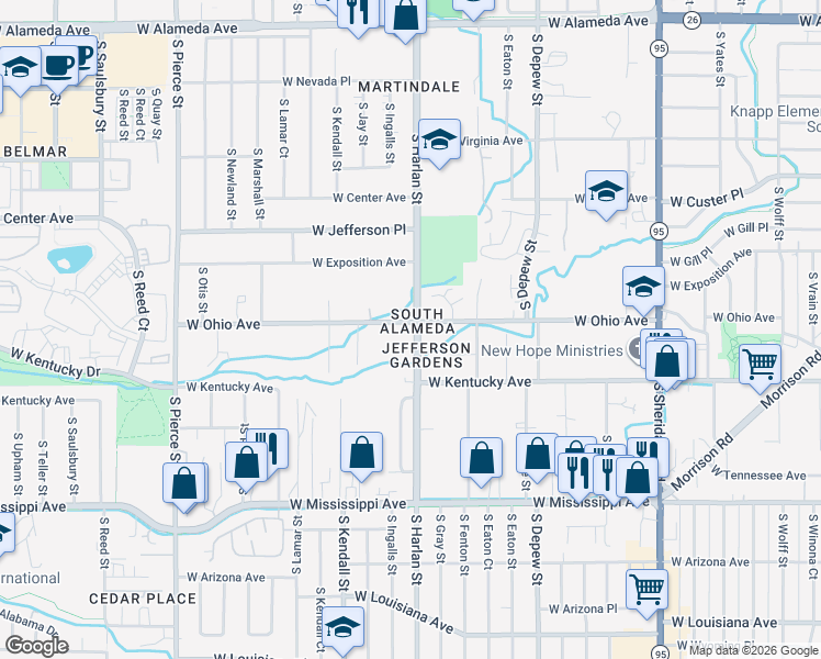 map of restaurants, bars, coffee shops, grocery stores, and more near 805 South Harlan Street in Lakewood