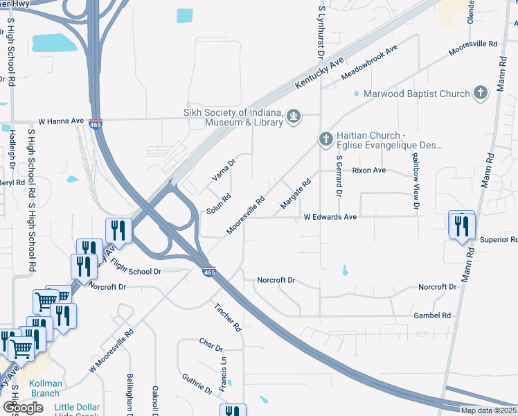 map of restaurants, bars, coffee shops, grocery stores, and more near 5435 Mooresville Road in Indianapolis