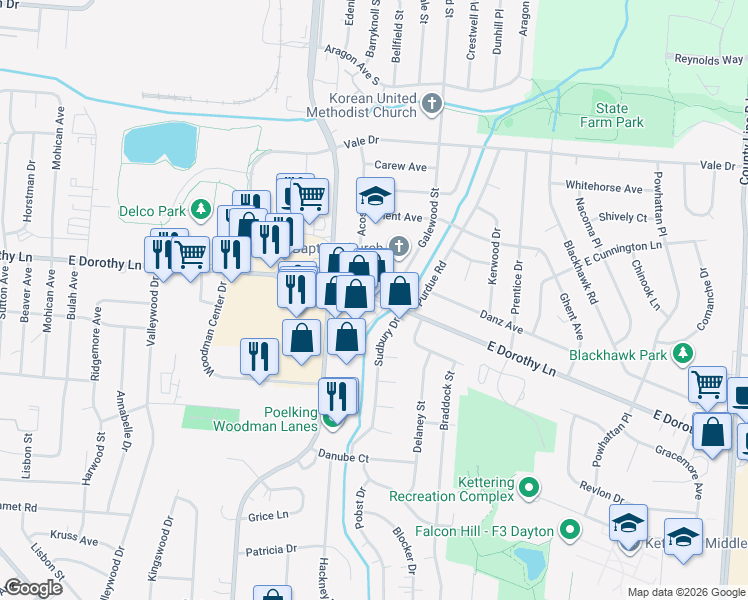 map of restaurants, bars, coffee shops, grocery stores, and more near 2308 East Dorothy Lane in Dayton