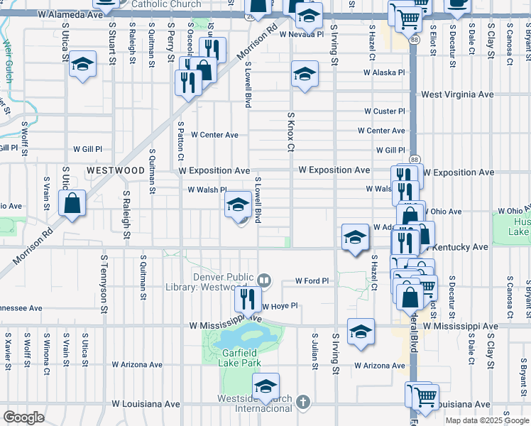 map of restaurants, bars, coffee shops, grocery stores, and more near 800 South Lowell Boulevard in Denver