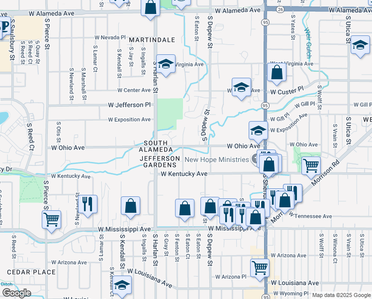 map of restaurants, bars, coffee shops, grocery stores, and more near 800 South Fenton Street in Lakewood