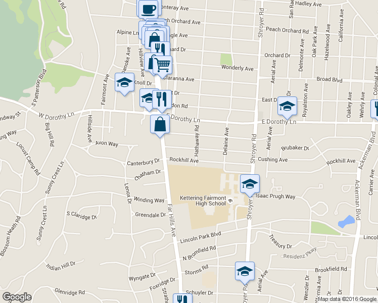 map of restaurants, bars, coffee shops, grocery stores, and more near 220 Cushing Avenue in Dayton