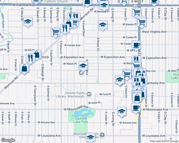 map of restaurants, bars, coffee shops, grocery stores, and more near 800 South Lowell Boulevard in Denver