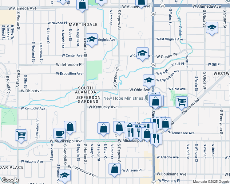 map of restaurants, bars, coffee shops, grocery stores, and more near 5540 West Ohio Avenue in Lakewood