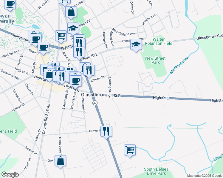 map of restaurants, bars, coffee shops, grocery stores, and more near 8 Reading Street in Glassboro