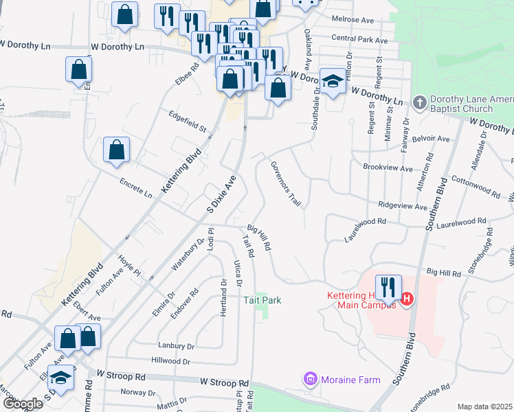 map of restaurants, bars, coffee shops, grocery stores, and more near 3400 Office Park Drive in Dayton