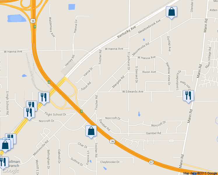 map of restaurants, bars, coffee shops, grocery stores, and more near 5428 Margate Road in Indianapolis