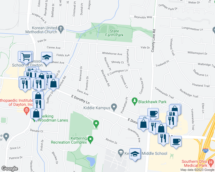 map of restaurants, bars, coffee shops, grocery stores, and more near 2821 Blackhawk Road in Dayton