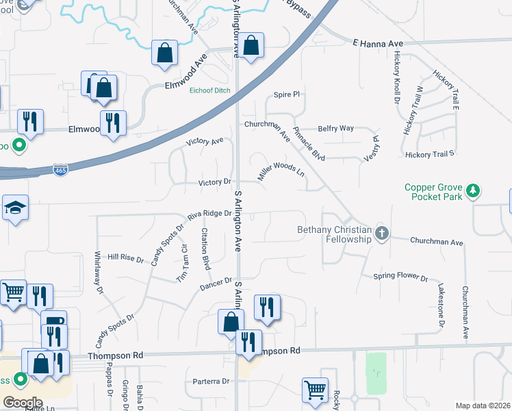map of restaurants, bars, coffee shops, grocery stores, and more near 6036 Riva Ridge Drive in Indianapolis