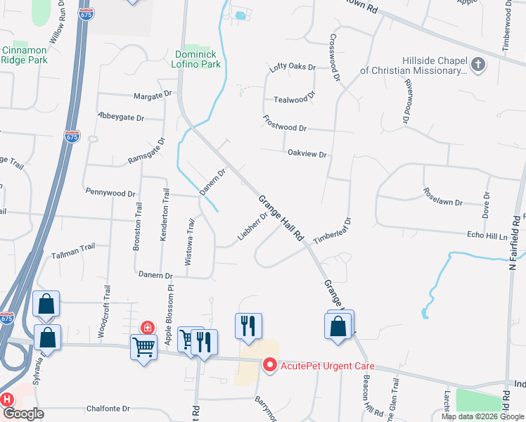 map of restaurants, bars, coffee shops, grocery stores, and more near 349 Grange Hall Road in Beavercreek