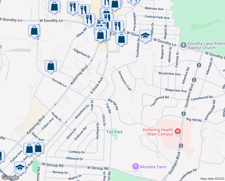 map of restaurants, bars, coffee shops, grocery stores, and more near 3421 Southdale Drive in Dayton