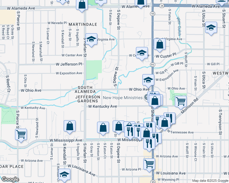 map of restaurants, bars, coffee shops, grocery stores, and more near 5540 West Ohio Avenue in Lakewood