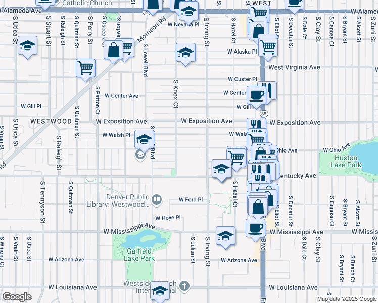 map of restaurants, bars, coffee shops, grocery stores, and more near 3414 West Ohio Avenue in Denver