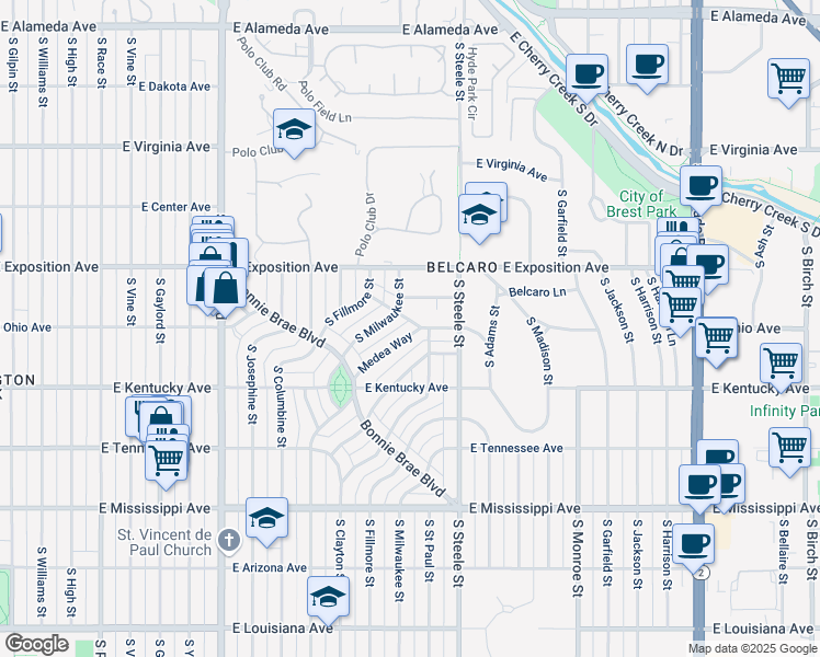 map of restaurants, bars, coffee shops, grocery stores, and more near 801 Medea Way in Denver
