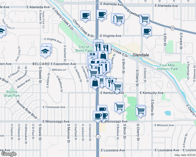 map of restaurants, bars, coffee shops, grocery stores, and more near S Colorado Blvd & E Ohio Ave in Glendale