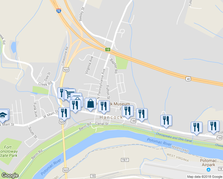 map of restaurants, bars, coffee shops, grocery stores, and more near 8 Hillside Road in Hancock