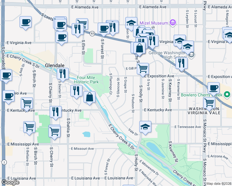 map of restaurants, bars, coffee shops, grocery stores, and more near 795 South Glencoe Street in Denver