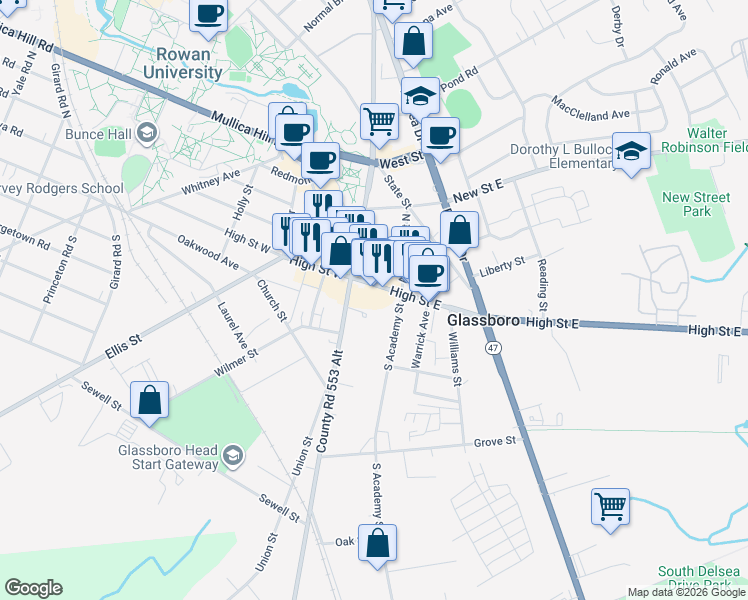 map of restaurants, bars, coffee shops, grocery stores, and more near 10 North Main Street in Glassboro