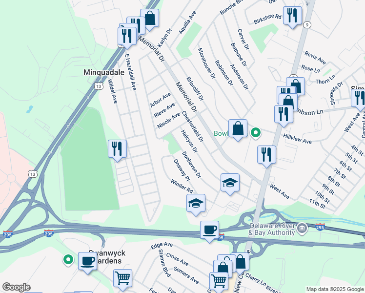 map of restaurants, bars, coffee shops, grocery stores, and more near 149 Donhaven Drive in New Castle