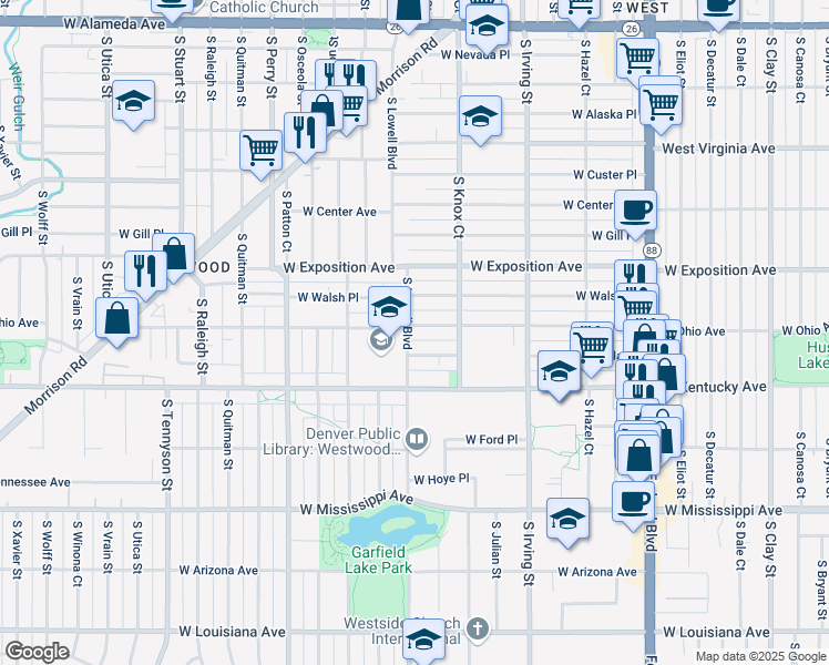 map of restaurants, bars, coffee shops, grocery stores, and more near 800 South Lowell Boulevard in Denver