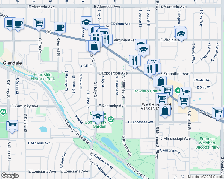 map of restaurants, bars, coffee shops, grocery stores, and more near 796 South Jersey Street in Denver