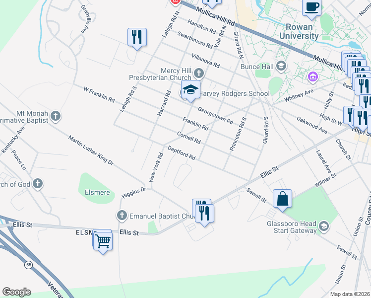 map of restaurants, bars, coffee shops, grocery stores, and more near 215 Deptford Road in Glassboro