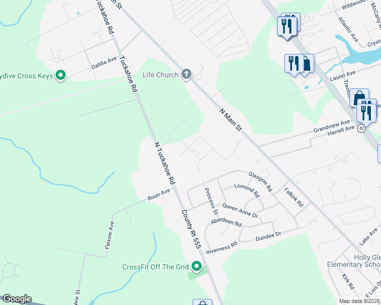 map of restaurants, bars, coffee shops, grocery stores, and more near 1446 North Tuckahoe Road in Monroe