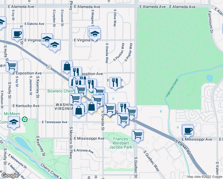 map of restaurants, bars, coffee shops, grocery stores, and more near 6934 East Ohio Drive in Denver