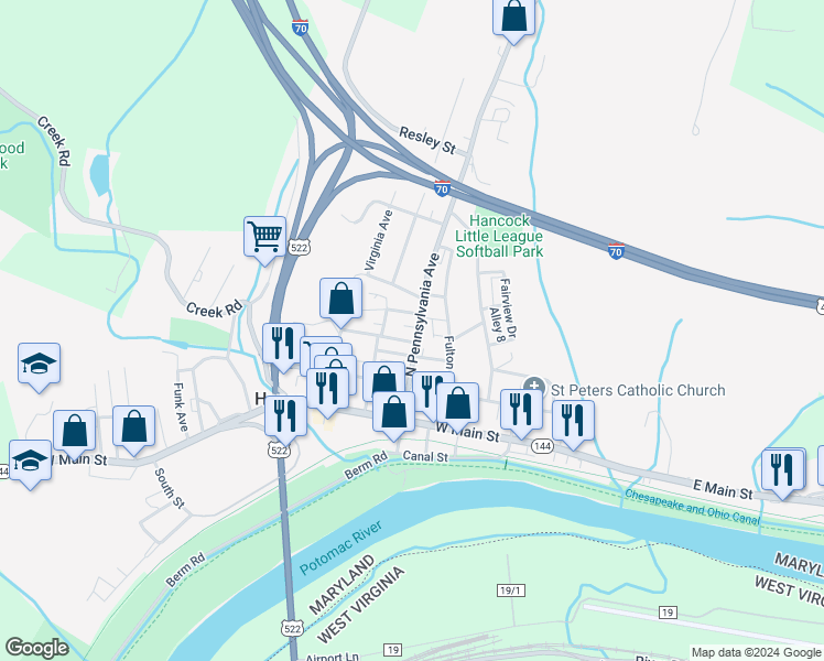 map of restaurants, bars, coffee shops, grocery stores, and more near 121 North Pennsylvania Avenue in Hancock
