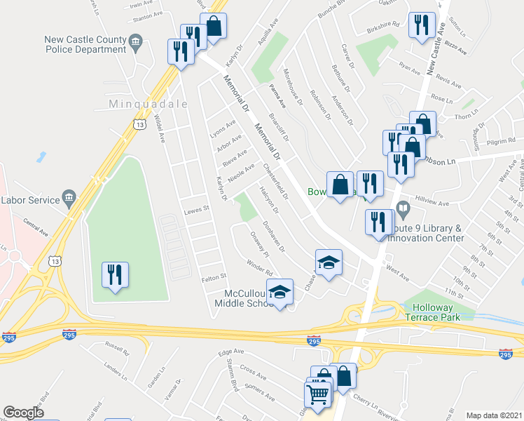 map of restaurants, bars, coffee shops, grocery stores, and more near 149 Donhaven Drive in New Castle