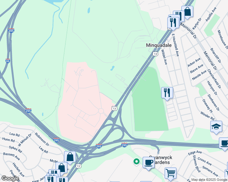 map of restaurants, bars, coffee shops, grocery stores, and more near 8 Lovelace Avenue in New Castle