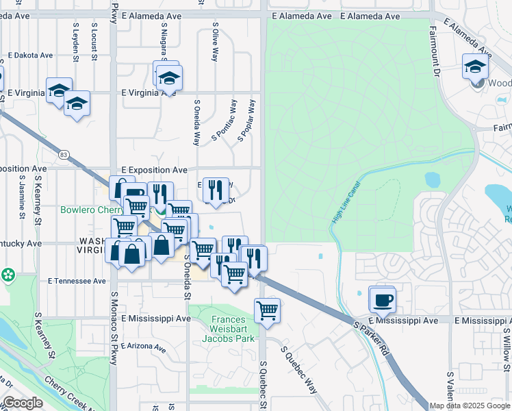 map of restaurants, bars, coffee shops, grocery stores, and more near 825 South Quebec Street in Denver