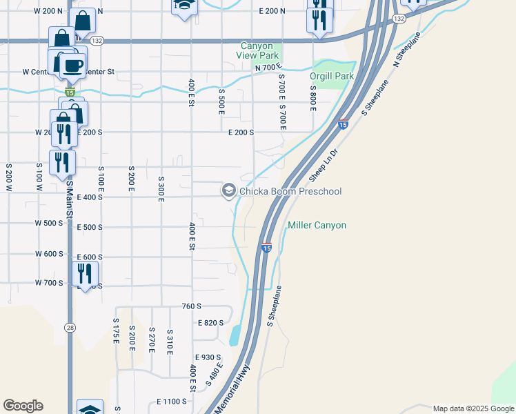 map of restaurants, bars, coffee shops, grocery stores, and more near 439 South 600 East in Nephi