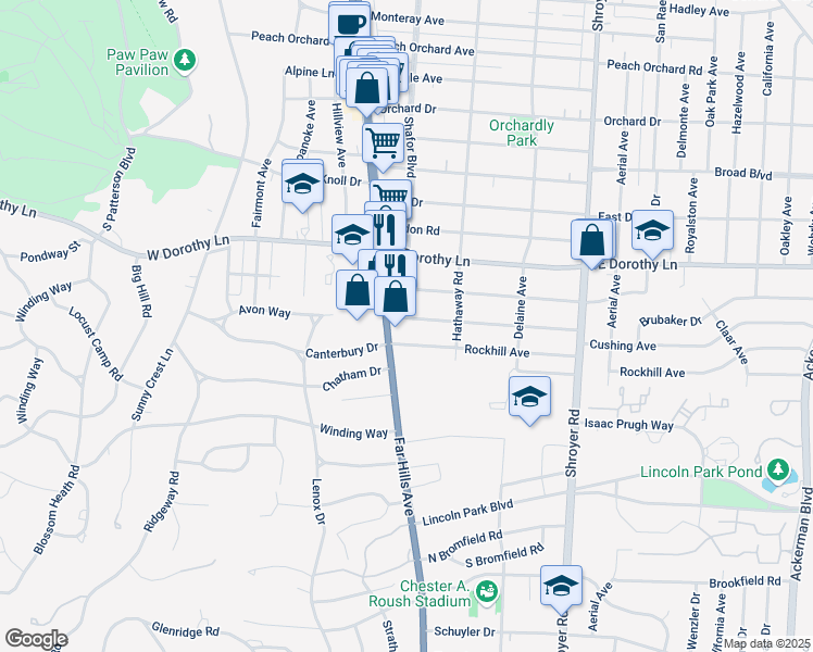 map of restaurants, bars, coffee shops, grocery stores, and more near 100 Cushing Avenue in Dayton