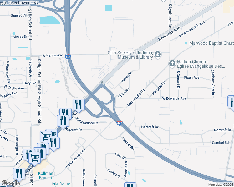 map of restaurants, bars, coffee shops, grocery stores, and more near 4250 Solun Road in Indianapolis