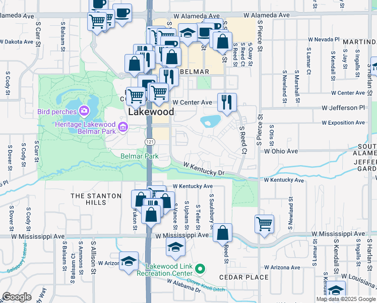 map of restaurants, bars, coffee shops, grocery stores, and more near 7381 West Kentucky Drive in Lakewood