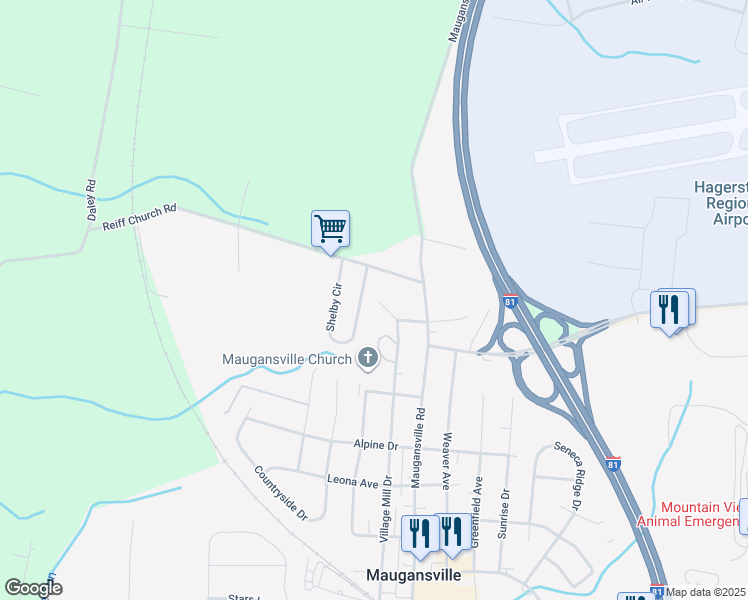 map of restaurants, bars, coffee shops, grocery stores, and more near 14048 Village Mill Drive in Maugansville