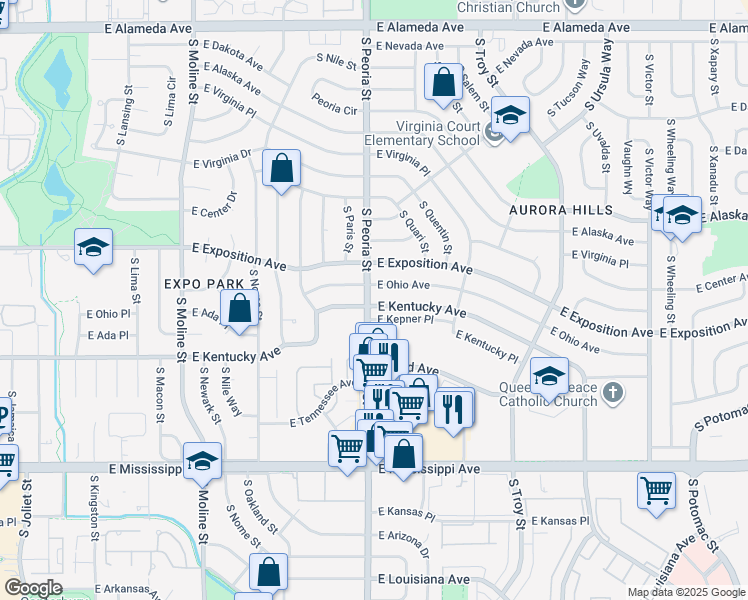 map of restaurants, bars, coffee shops, grocery stores, and more near 12103 East Kentucky Avenue in Aurora