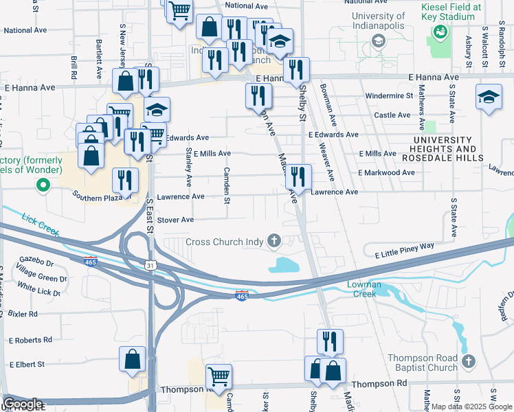 map of restaurants, bars, coffee shops, grocery stores, and more near 4350 Madison Avenue in Indianapolis