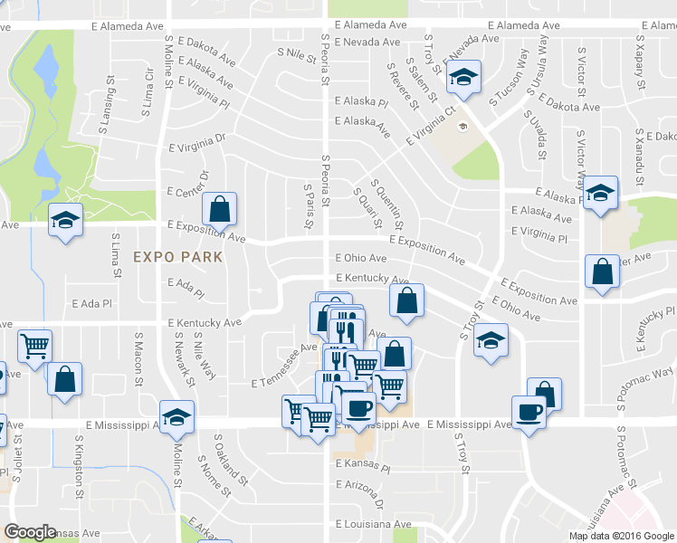 map of restaurants, bars, coffee shops, grocery stores, and more near 12103 East Kentucky Avenue in Aurora