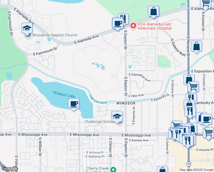 map of restaurants, bars, coffee shops, grocery stores, and more near 740 South Alton Way in Denver