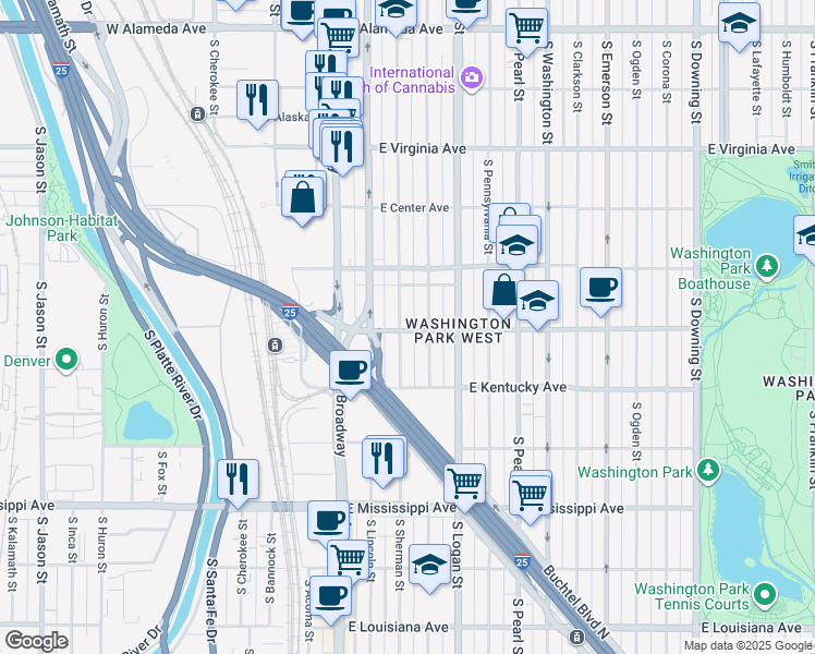 map of restaurants, bars, coffee shops, grocery stores, and more near 207 East Ohio Avenue in Denver