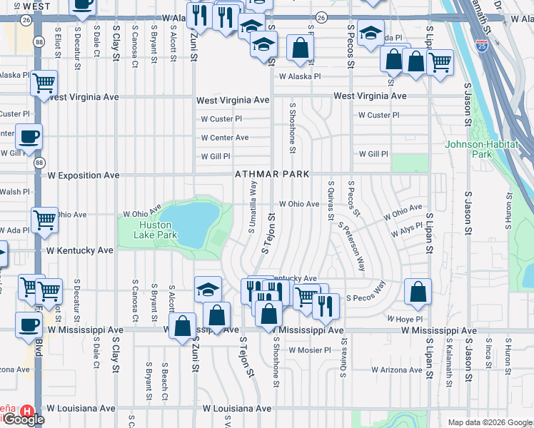 map of restaurants, bars, coffee shops, grocery stores, and more near 816 South Umatilla Way in Denver